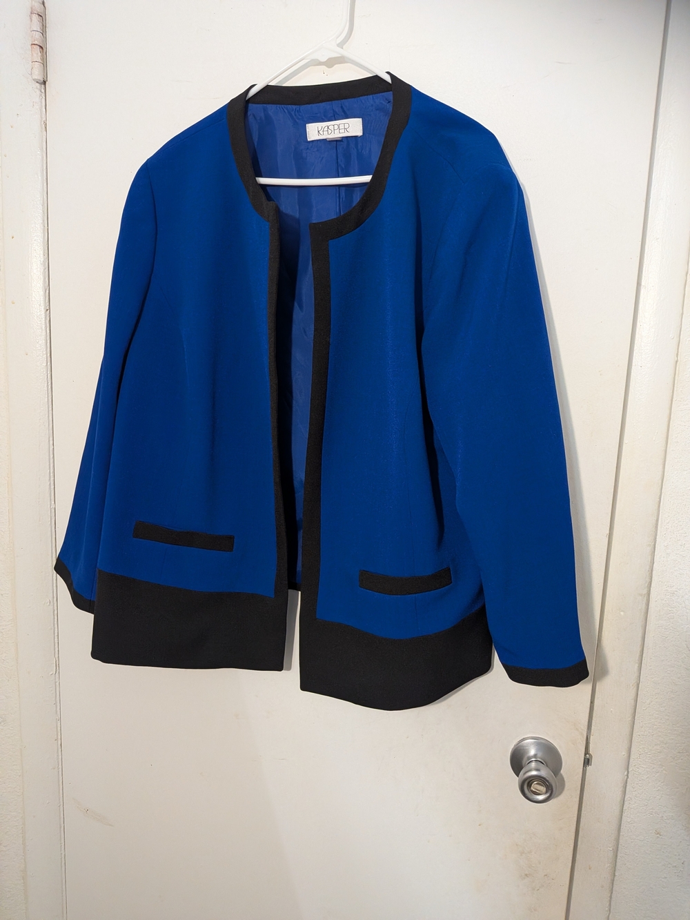 Kasper Blue Open-Front Jacket with Black Trim